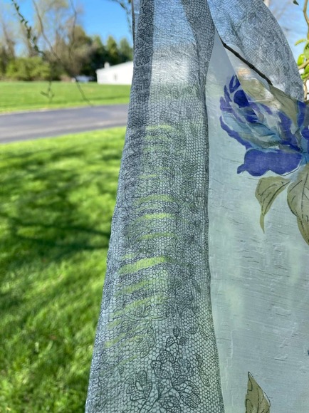 Vintage 1940s Silk Floral Large Square Scarf Wrap Blue Gray Lace Detail AS IS - Picture 4 of 12